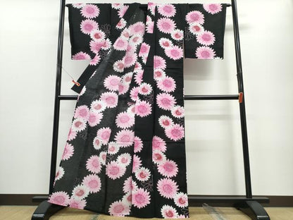 平和屋着物∴夏物 浴衣 舞花文 黒地 綿 逸品 CABE8915ng