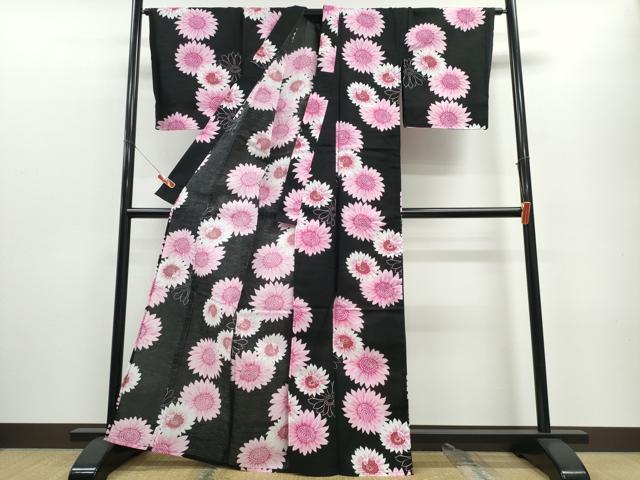平和屋着物∴夏物 浴衣 舞花文 黒地 綿 逸品 CABE8915ng