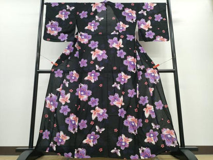 平和屋着物∴夏物 浴衣 綿紅梅 舞蝶桜 黒地 金彩 綿 逸品 CABE8918ng