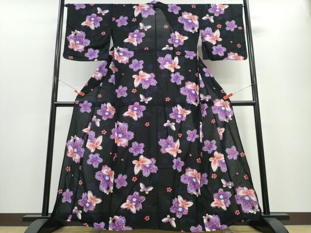 平和屋着物∴夏物 浴衣 綿紅梅 舞蝶桜 黒地 金彩 綿 逸品 CABE8918ng