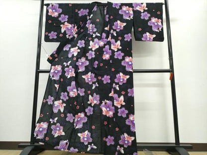平和屋着物∴夏物 浴衣 綿紅梅 舞蝶桜 黒地 金彩 綿 逸品 CABE8918ng