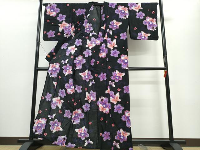 平和屋着物∴夏物 浴衣 綿紅梅 舞蝶桜 黒地 金彩 綿 逸品 CABE8918ng