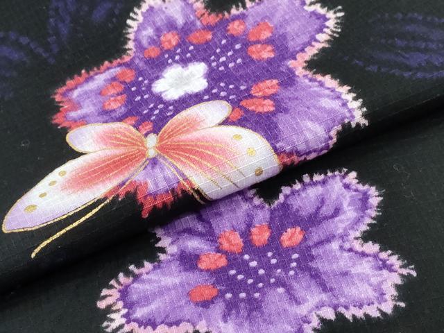 平和屋着物∴夏物 浴衣 綿紅梅 舞蝶桜 黒地 金彩 綿 逸品 CABE8918ng