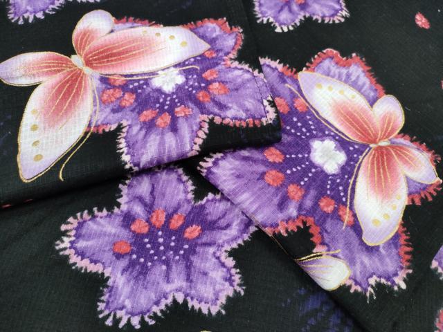 平和屋着物∴夏物 浴衣 綿紅梅 舞蝶桜 黒地 金彩 綿 逸品 CABE8918ng