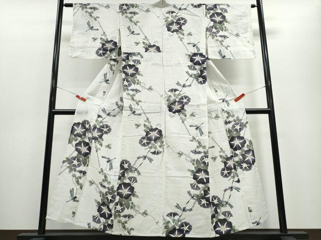 平和屋着物∴夏物 浴衣 トンボ 蜻蛉 朝顔竹垣文 日本製 綿麻 逸品 CABE8921ng