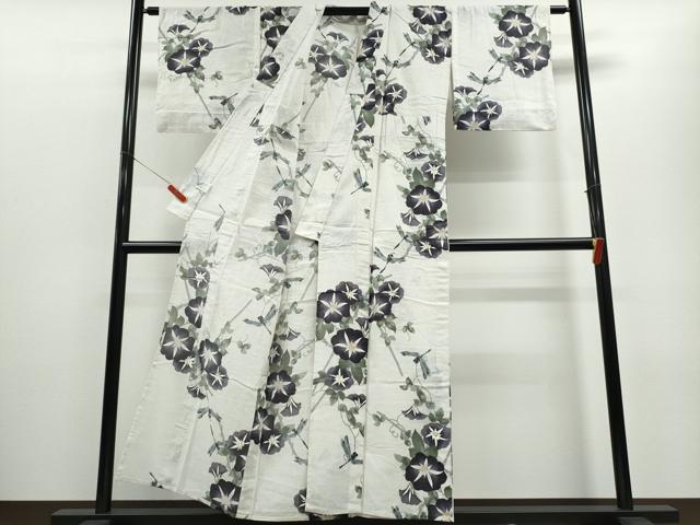 平和屋着物∴夏物 浴衣 トンボ 蜻蛉 朝顔竹垣文 日本製 綿麻 逸品 CABE8921ng
