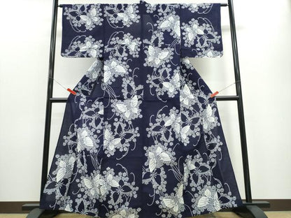 平和屋着物∴夏物 浴衣 藍 注染 手染め 手縫い 舞蝶文 日本製 綿 逸品 未使用 CABE8924ng
