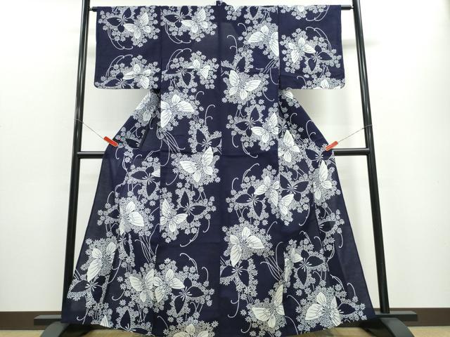 平和屋着物∴夏物 浴衣 藍 注染 手染め 手縫い 舞蝶文 日本製 綿 逸品 未使用 CABE8924ng