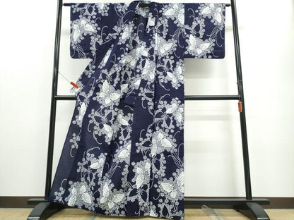 平和屋着物∴夏物 浴衣 藍 注染 手染め 手縫い 舞蝶文 日本製 綿 逸品 未使用 CABE8924ng