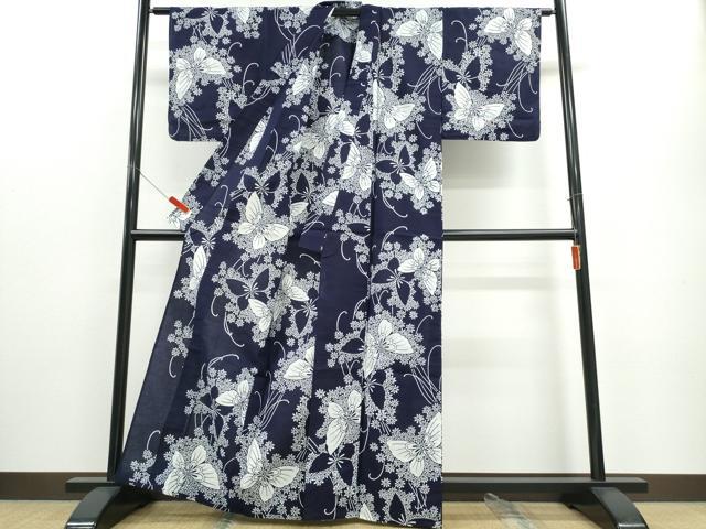 平和屋着物∴夏物 浴衣 藍 注染 手染め 手縫い 舞蝶文 日本製 綿 逸品 未使用 CABE8924ng