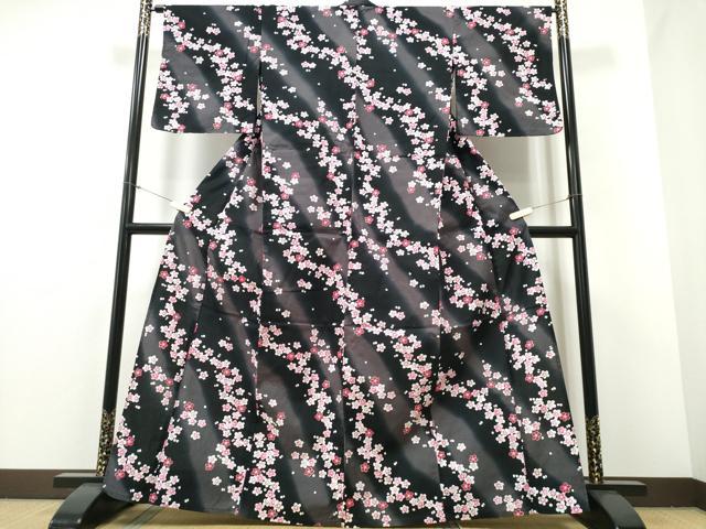 平和屋着物∴夏物 浴衣 綿紅梅 舞梅花文 ラメ 黒地 綿 逸品 CABE8933ng