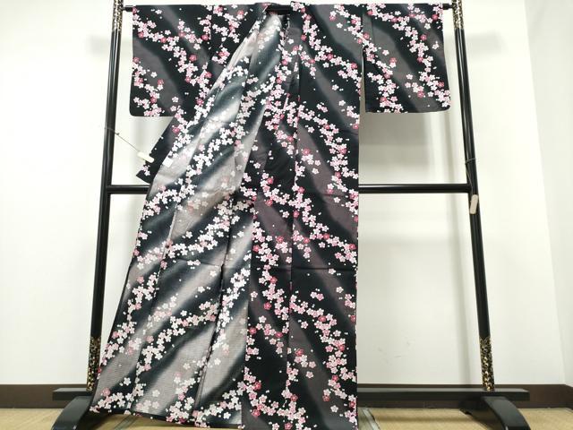 平和屋着物∴夏物 浴衣 綿紅梅 舞梅花文 ラメ 黒地 綿 逸品 CABE8933ng