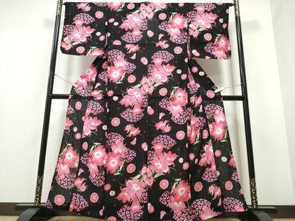 平和屋着物∴夏物 浴衣 百合 扇面花文 ラメ糸 黒地 綿 逸品 CABE8936ng