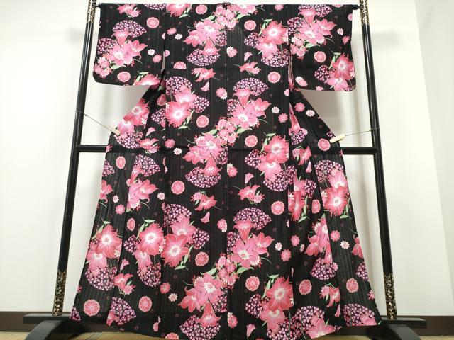平和屋着物∴夏物 浴衣 百合 扇面花文 ラメ糸 黒地 綿 逸品 CABE8936ng