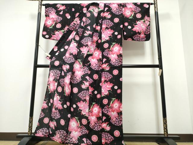 平和屋着物∴夏物 浴衣 百合 扇面花文 ラメ糸 黒地 綿 逸品 CABE8936ng