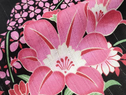 平和屋着物∴夏物 浴衣 百合 扇面花文 ラメ糸 黒地 綿 逸品 CABE8936ng