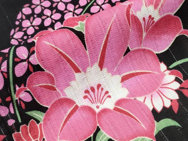 平和屋着物∴夏物 浴衣 百合 扇面花文 ラメ糸 黒地 綿 逸品 CABE8936ng