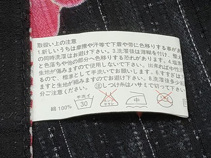 平和屋着物∴夏物 浴衣 百合 扇面花文 ラメ糸 黒地 綿 逸品 CABE8936ng