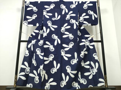 平和屋着物∴夏物　浴衣　藍　注染　手染め　手縫い　兎　うさぎ　日本製　綿　逸品　CABE8941ng