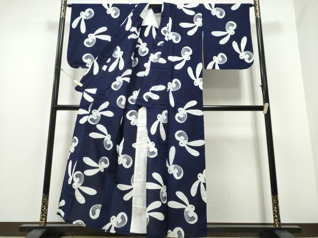 平和屋着物∴夏物　浴衣　藍　注染　手染め　手縫い　兎　うさぎ　日本製　綿　逸品　CABE8941ng