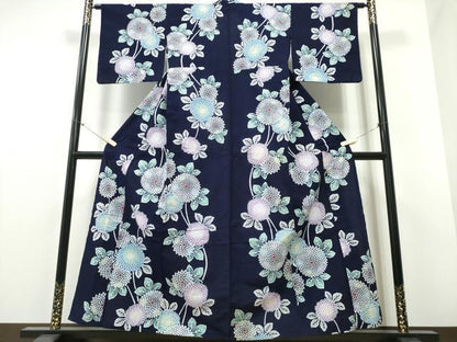 平和屋着物∴夏物 浴衣 藍 注染 手染め 手縫い 菊文 日本製 綿 逸品 CABE8942ng