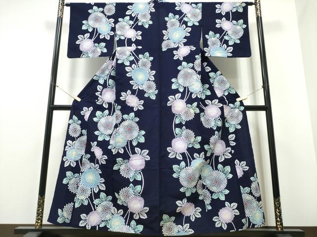 平和屋着物∴夏物 浴衣 藍 注染 手染め 手縫い 菊文 日本製 綿 逸品 CABE8942ng