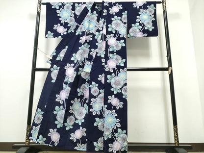 平和屋着物∴夏物 浴衣 藍 注染 手染め 手縫い 菊文 日本製 綿 逸品 CABE8942ng
