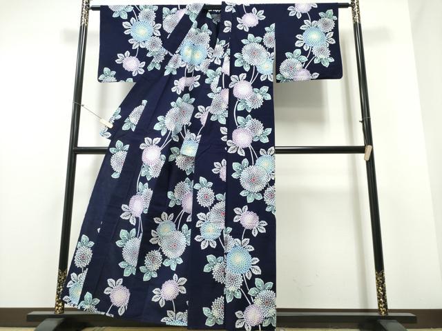 平和屋着物∴夏物 浴衣 藍 注染 手染め 手縫い 菊文 日本製 綿 逸品 CABE8942ng