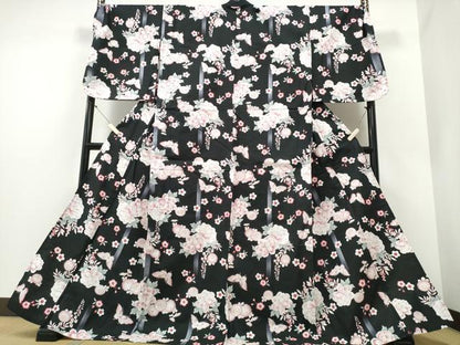 平和屋着物∴夏物 浴衣 牡丹桜舞蝶文 黒地 キングサイズ 綿 逸品 未使用 CABE8944ng