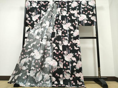 平和屋着物∴夏物 浴衣 牡丹桜舞蝶文 黒地 キングサイズ 綿 逸品 未使用 CABE8944ng