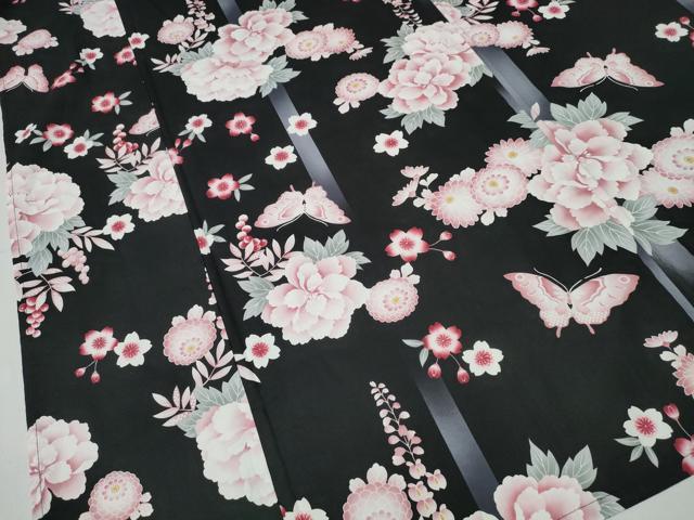 平和屋着物∴夏物 浴衣 牡丹桜舞蝶文 黒地 キングサイズ 綿 逸品 未使用 CABE8944ng