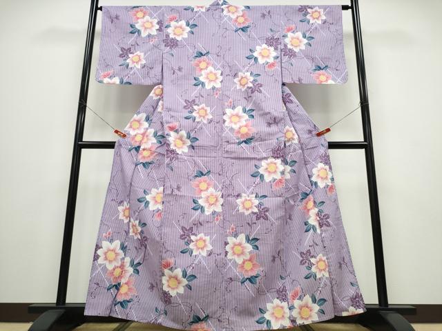 平和屋着物∴夏物 浴衣 縞 蔦の葉花文 綿 逸品 未使用