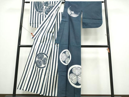 平和屋着物∴夏物 浴衣 注染 手縫い 家紋柄 片身替わり 日本製 綿 逸品 CABE8978ng