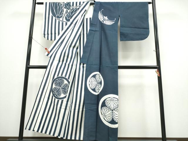 平和屋着物∴夏物 浴衣 注染 手縫い 家紋柄 片身替わり 日本製 綿 逸品 CABE8978ng