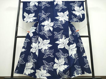 平和屋着物∴夏物 浴衣 藍 注染 手染め 手縫い 舞葉文 日本製 綿 逸品 CABE8979ng