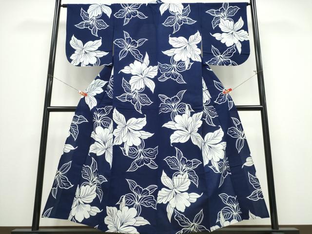 平和屋着物∴夏物 浴衣 藍 注染 手染め 手縫い 舞葉文 日本製 綿 逸品 CABE8979ng