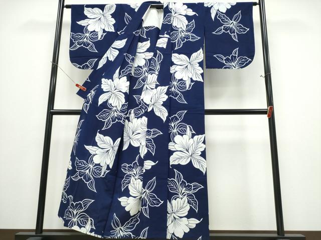 平和屋着物∴夏物 浴衣 藍 注染 手染め 手縫い 舞葉文 日本製 綿 逸品 CABE8979ng