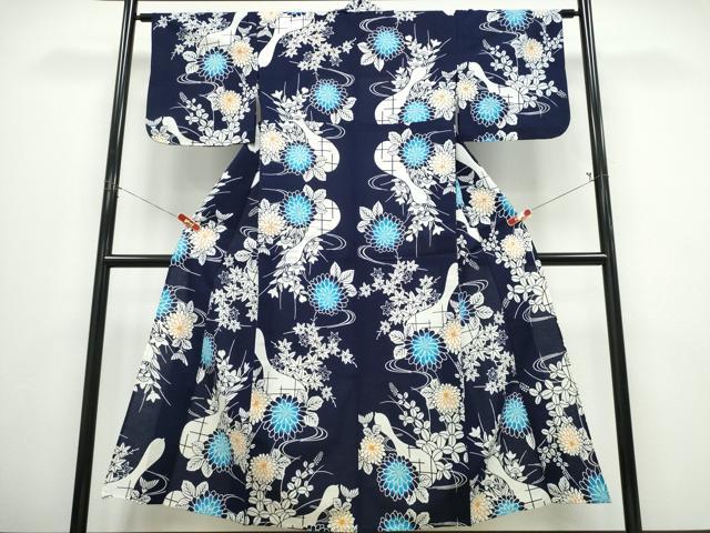 平和屋着物∴夏物 浴衣 藍 注染 手染め 手縫い 瓢箪菊花文 日本製 綿 逸品 CABE8980ng