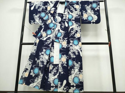 平和屋着物∴夏物 浴衣 藍 注染 手染め 手縫い 瓢箪菊花文 日本製 綿 逸品 CABE8980ng