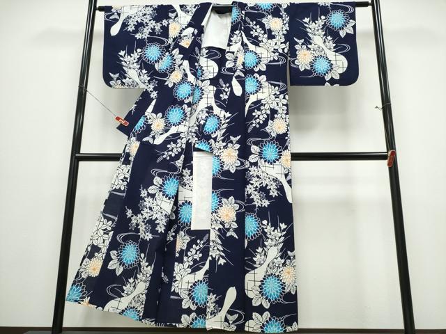 平和屋着物∴夏物 浴衣 藍 注染 手染め 手縫い 瓢箪菊花文 日本製 綿 逸品 CABE8980ng