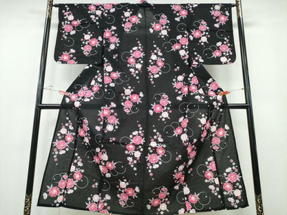 平和屋着物∴夏物 浴衣 綿紅梅 舞桜 黒地 綿 逸品 未使用 CABE8983ng