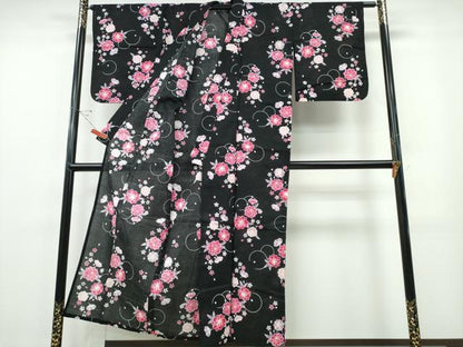 平和屋着物∴夏物 浴衣 綿紅梅 舞桜 黒地 綿 逸品 未使用 CABE8983ng