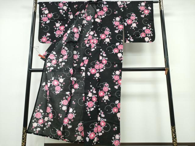 平和屋着物∴夏物 浴衣 綿紅梅 舞桜 黒地 綿 逸品 未使用 CABE8983ng