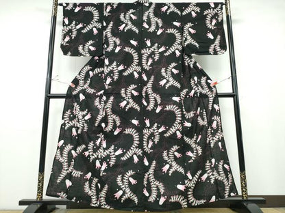 平和屋着物∴夏物 浴衣 草花文 黒地 綿 逸品 CABE8986ng