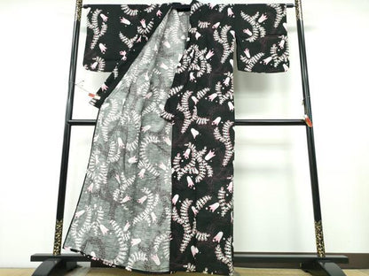 平和屋着物∴夏物 浴衣 草花文 黒地 綿 逸品 CABE8986ng