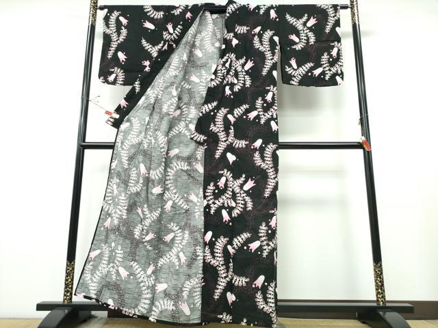 平和屋着物∴夏物 浴衣 草花文 黒地 綿 逸品 CABE8986ng