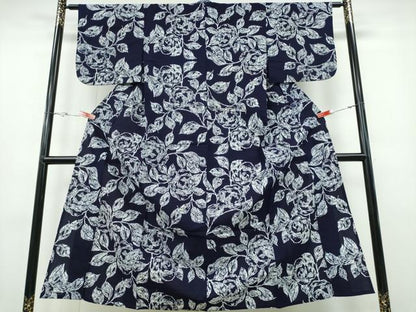 平和屋着物∴夏物 浴衣 藍 注染 手染め 手縫い 薔薇 日本製 綿 逸品 CABE8991ng