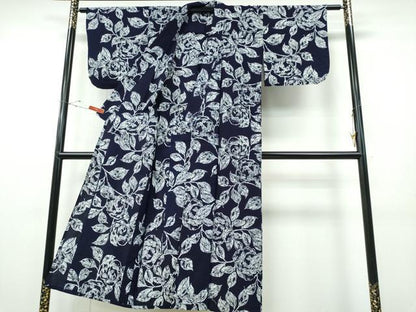 平和屋着物∴夏物 浴衣 藍 注染 手染め 手縫い 薔薇 日本製 綿 逸品 CABE8991ng