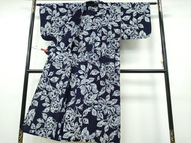 平和屋着物∴夏物 浴衣 藍 注染 手染め 手縫い 薔薇 日本製 綿 逸品 CABE8991ng