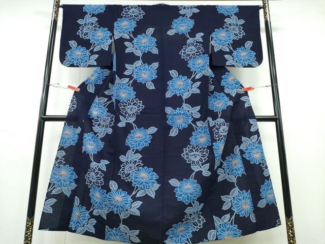 平和屋着物∴夏物 浴衣 藍 注染 手染め 手縫い 向日葵 日本製 綿 逸品 CABE8992ng